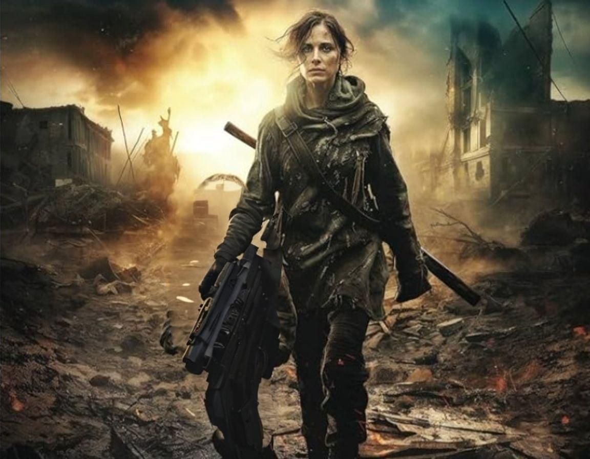 Portrait of a woman die überlebt hat - postapokalypse scenery-
walking through distroyed city landscape