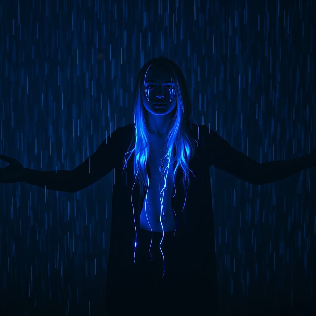 Bioluminescent Rain Illuminates a Woman in the Dark