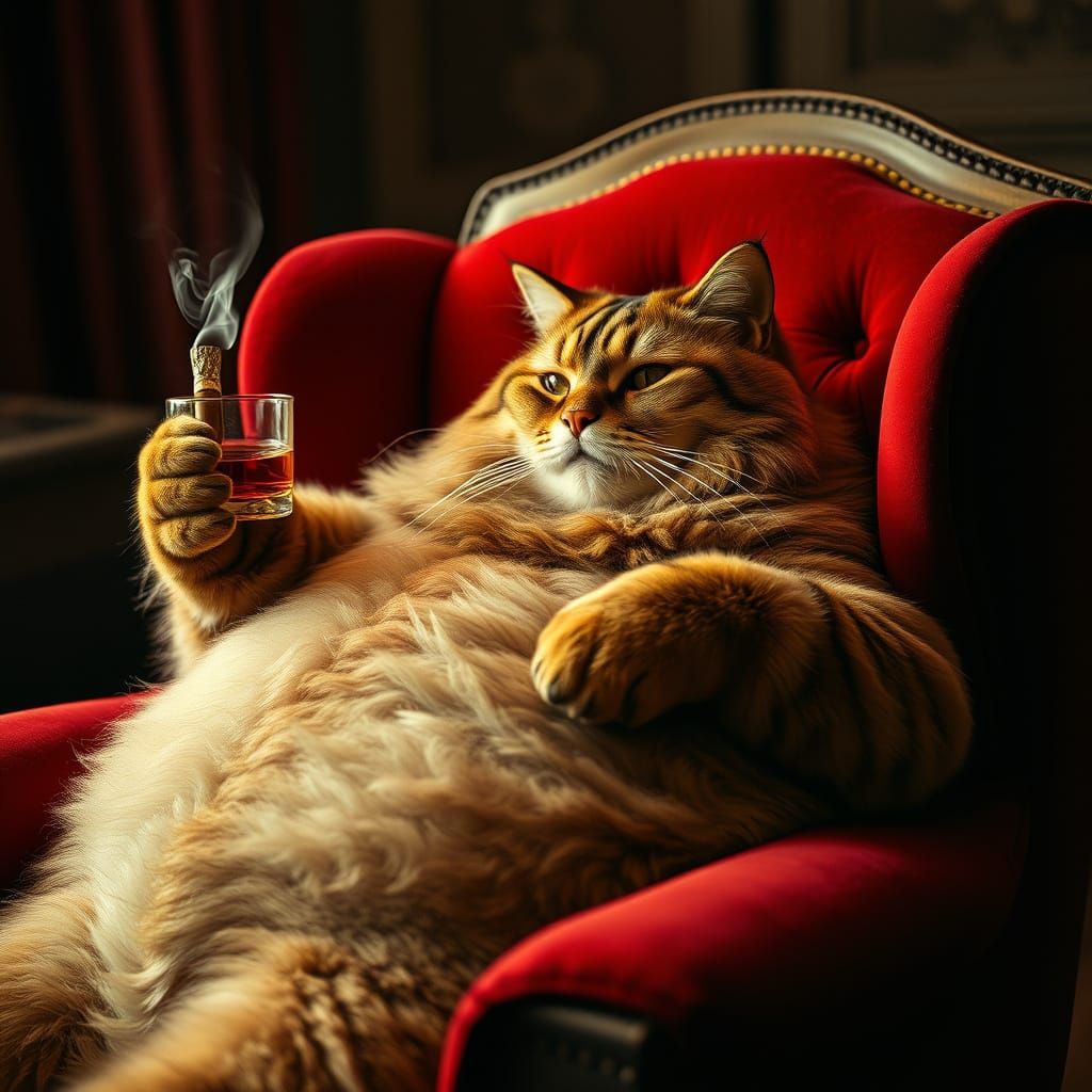 Regal Feline Gentleman in Whiskey-Fueled Repose