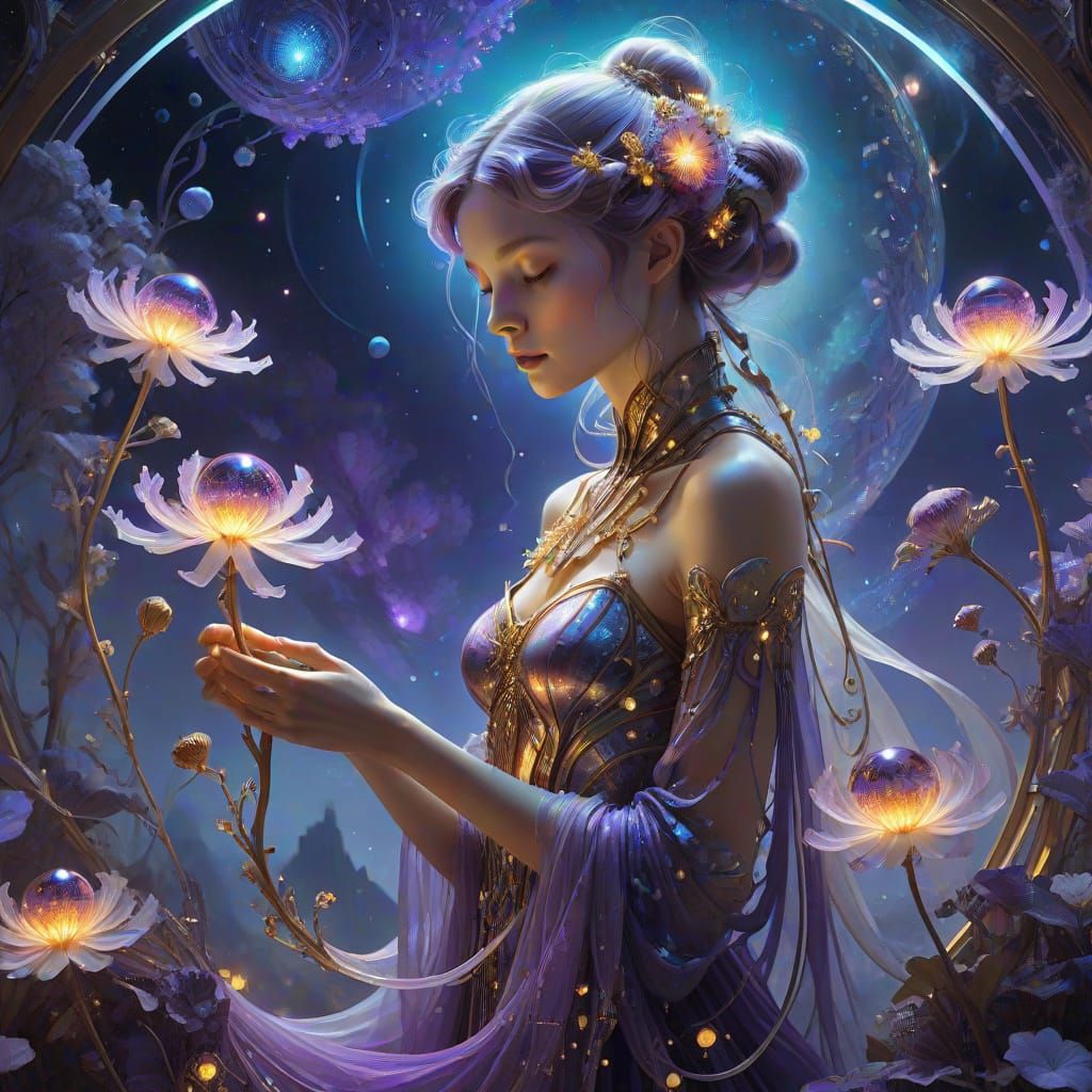 Alien Botanist Tending Bioluminescent Flora: Surreal Digital...