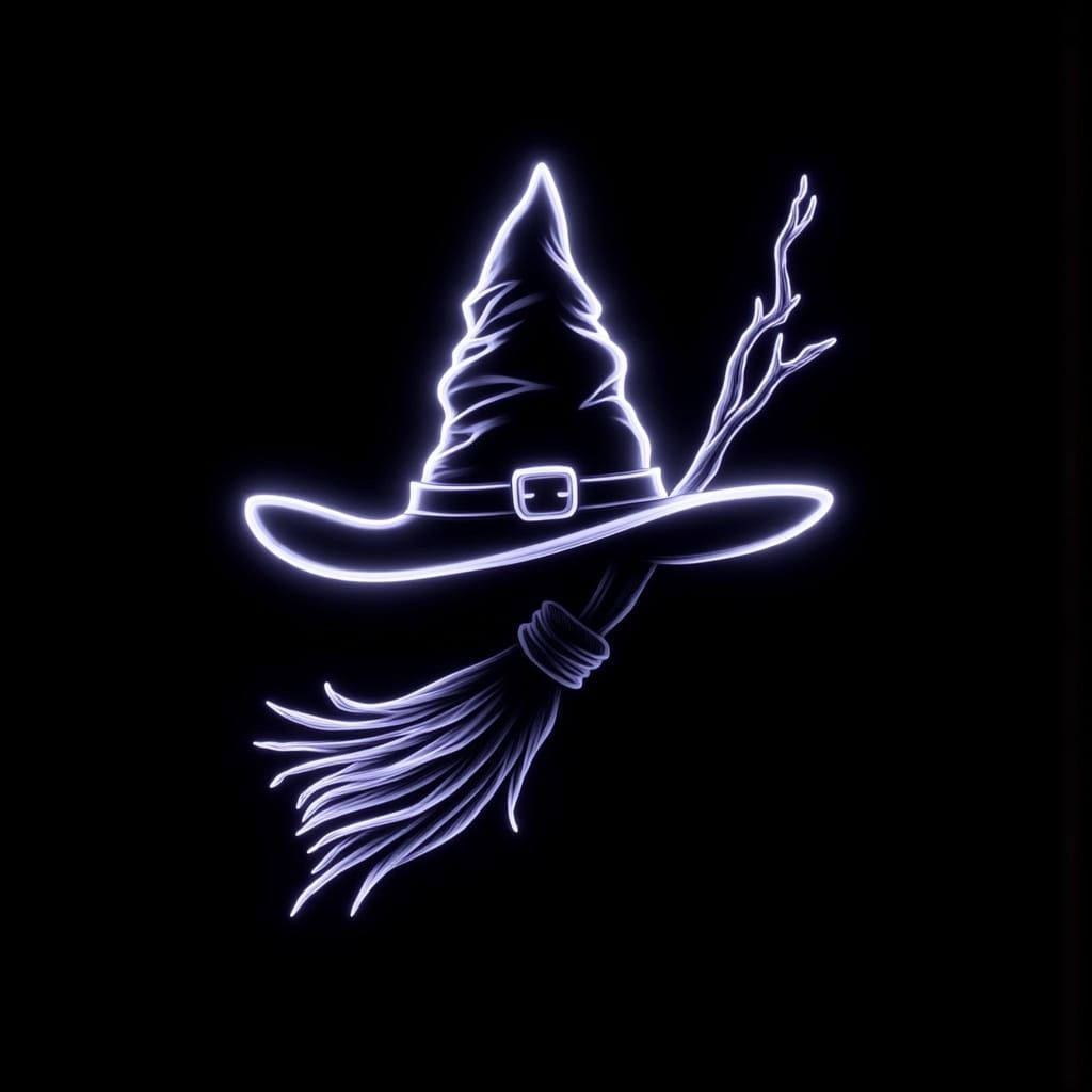 Neon Witch Hat and Broomstick in Retro-Futuristic Style