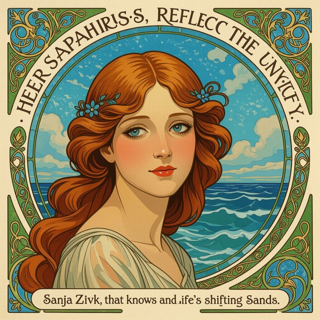Art Nouveau Portrait: Sapphire Eyes Reflecting the Sky