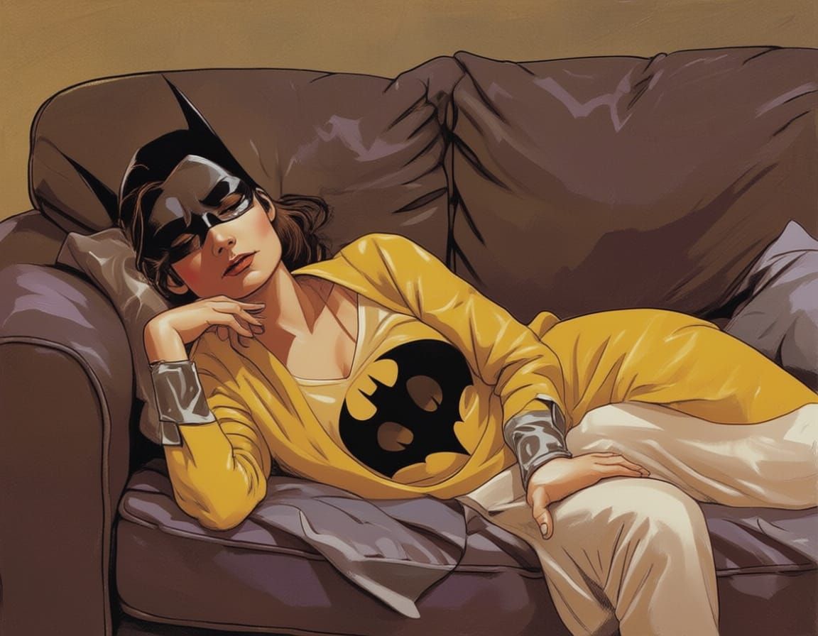Batgirl in Batman Nightgown Sleeping on Sofa