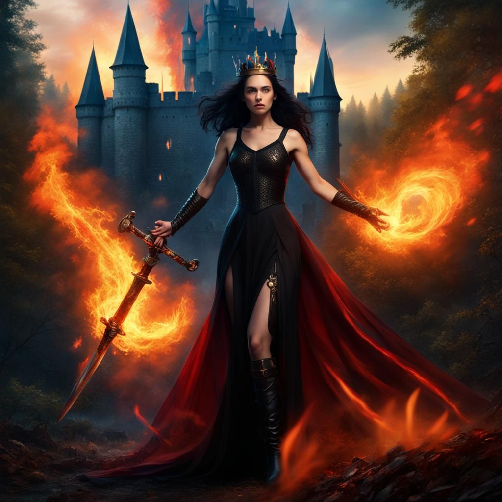 Fiery Queen in Burning Forest, Detailed Matte Painting