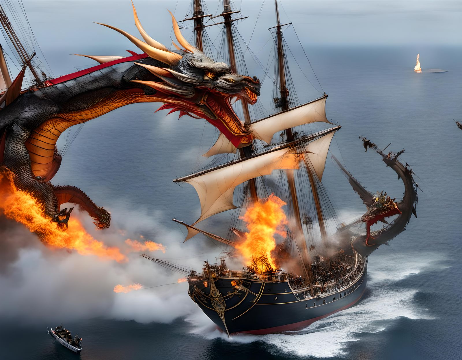 Dragon Attacks Sailing Ship with Fire