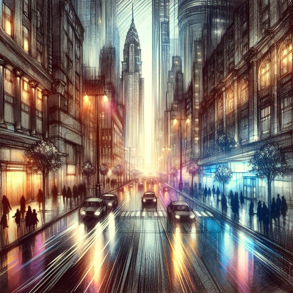 Jewel-Toned Futuristic City Street in Photorealistic Sketch