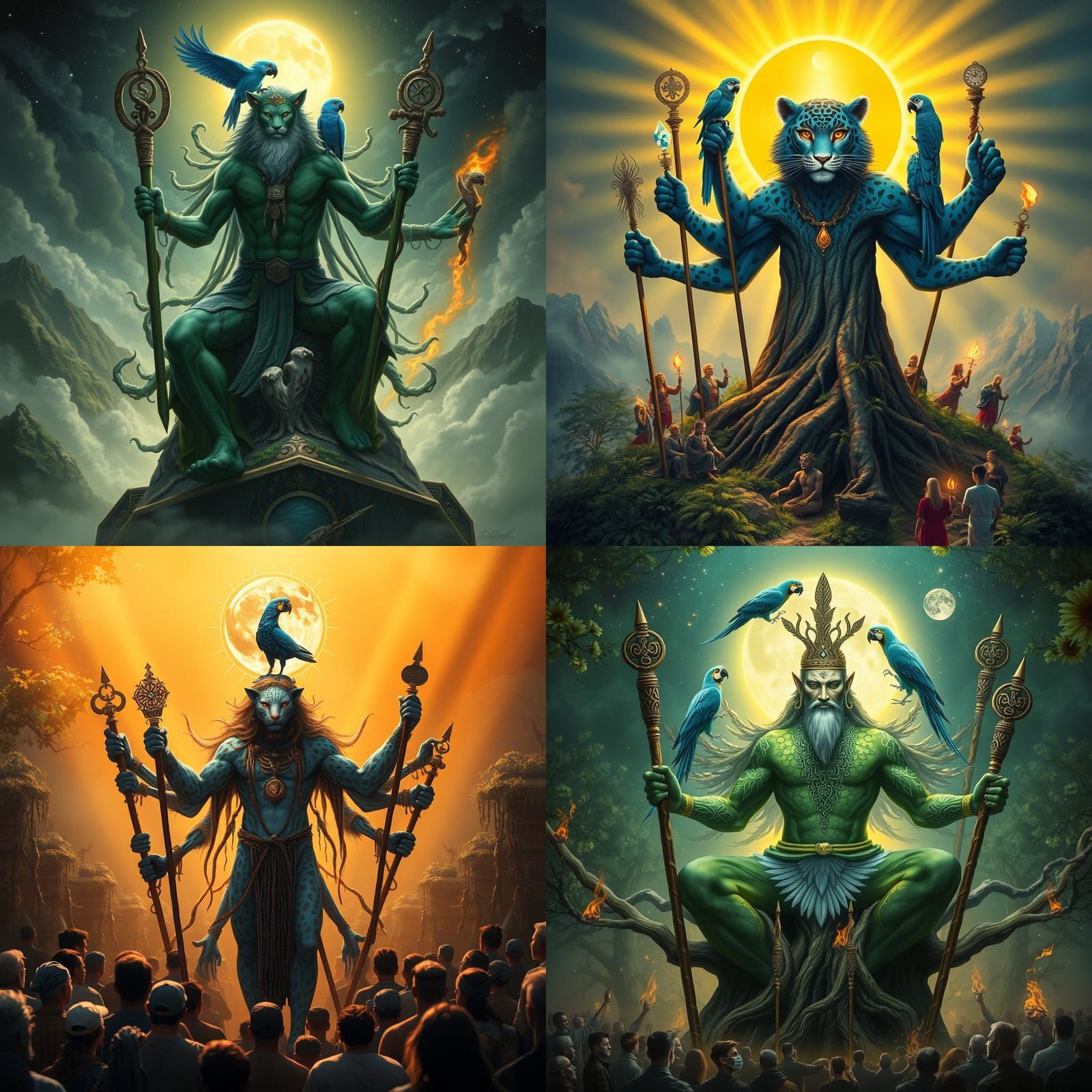 Surreal Shaman with Leopards and Elemental Staffs