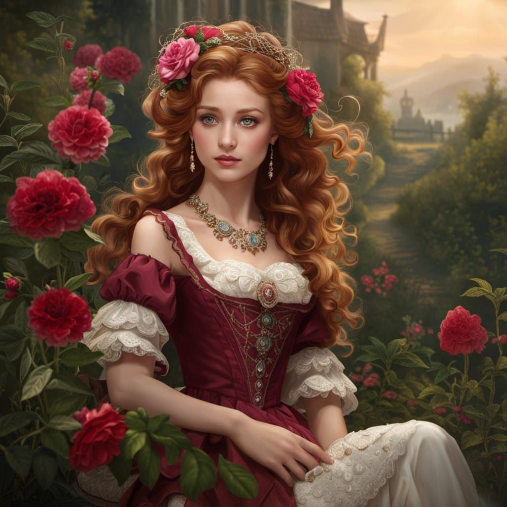 Victorian Maiden in Raspberry Garden: Fantasy Art