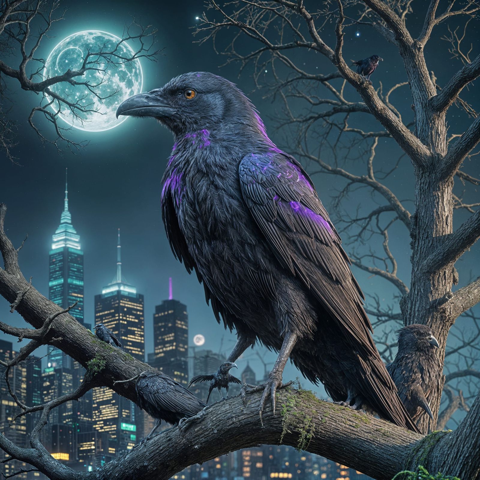 Bioluminescent Raven in Glitch Art Style