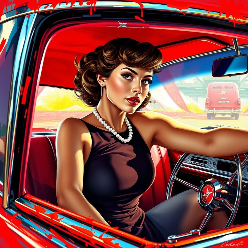 Red Cadillac: 1950s Rock-and-Roll Hyperrealistic Art