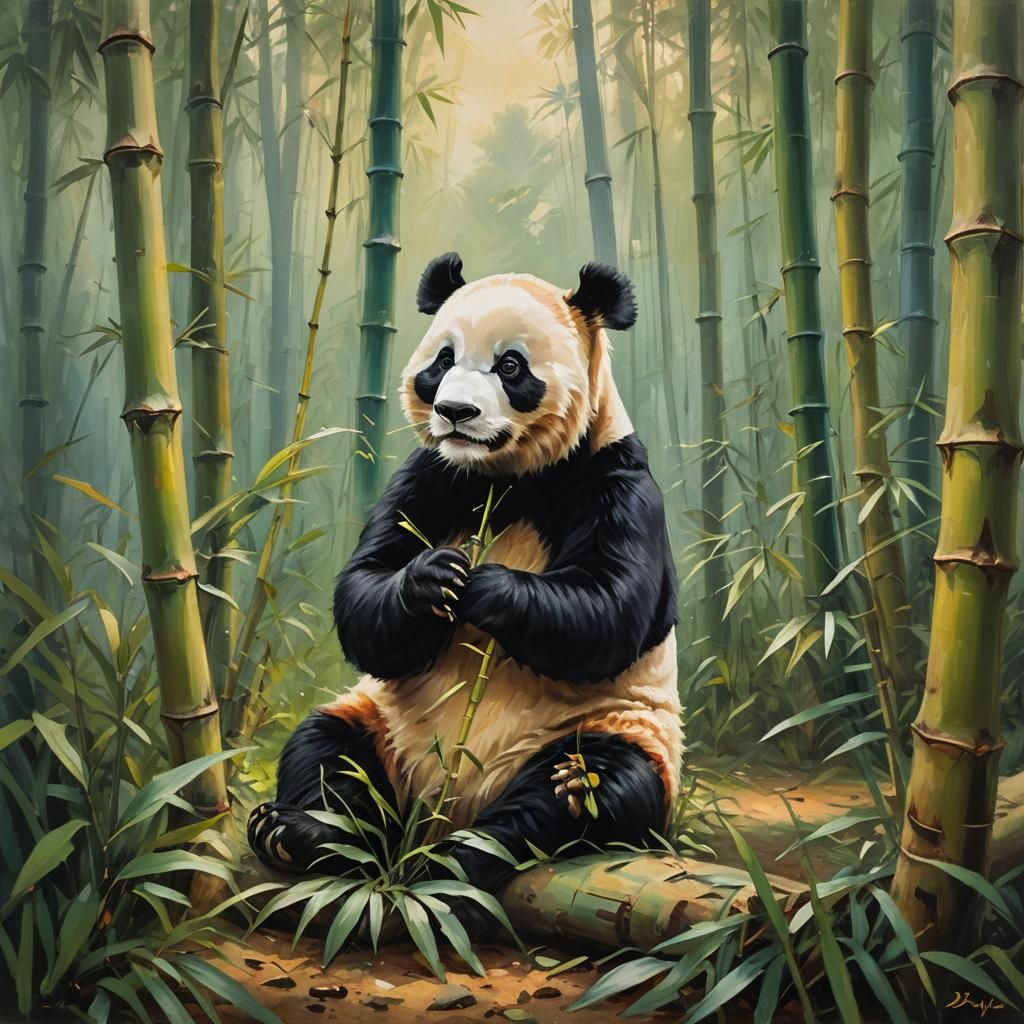 Panda Eats Bamboo in Forest, Impressionistic Oil Painting