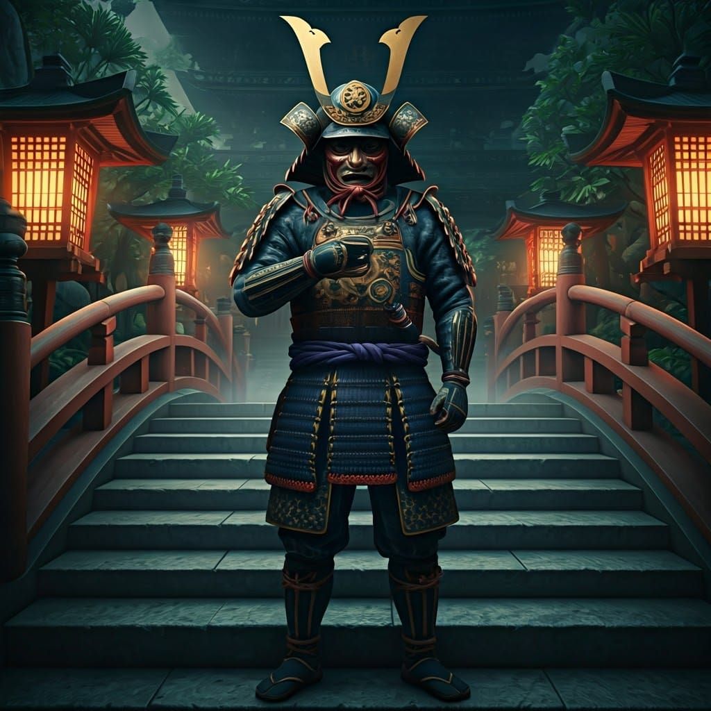 Samurai Warrior in Temple Courtyard, Hyperrealistic Style
