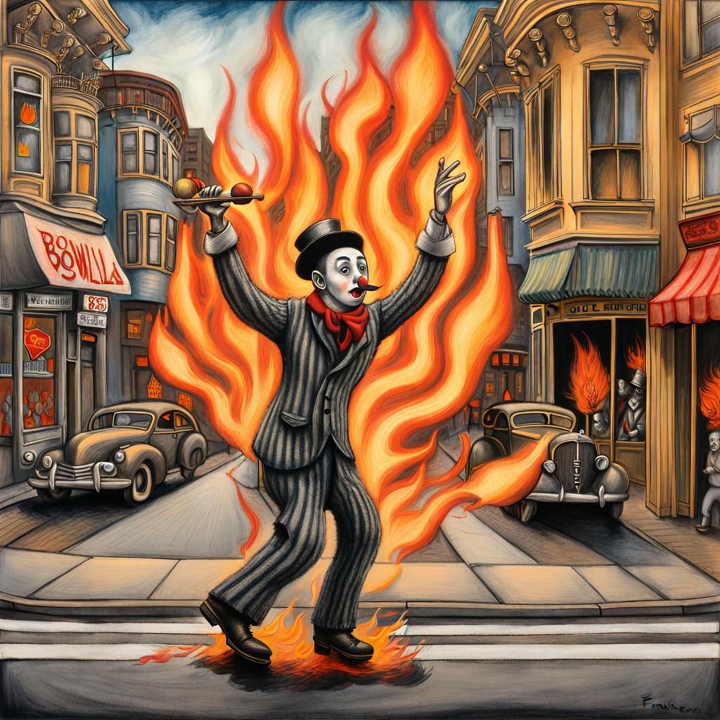 a street mime juggling flaming bowling pins 1