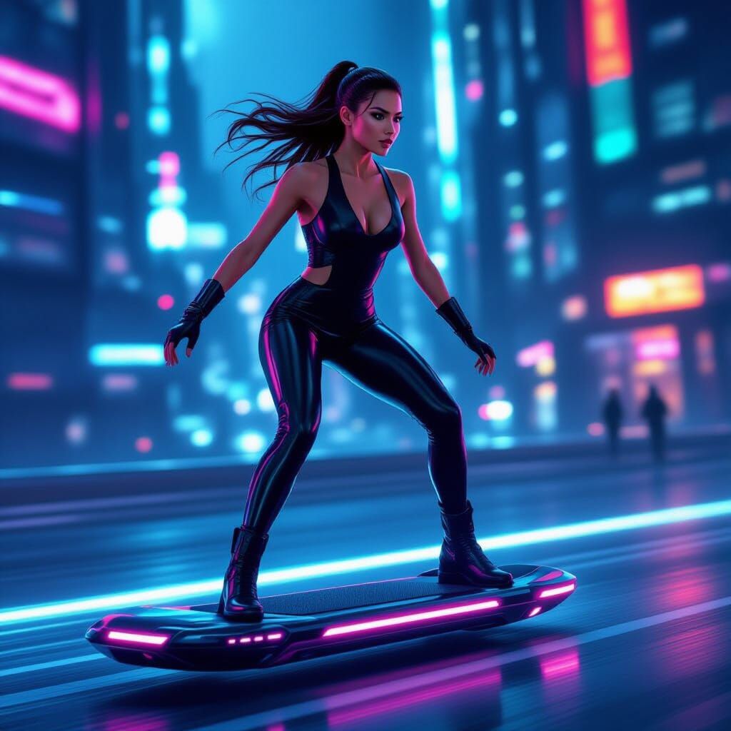 Young Woman on Futuristic Flying Board in Neon City