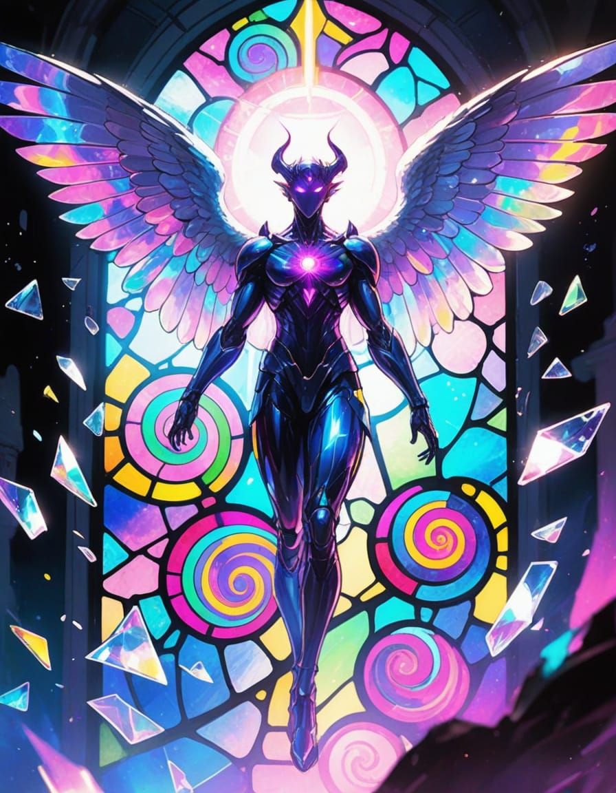 Angel Demon Hybrid in Stained Glass Comic Style