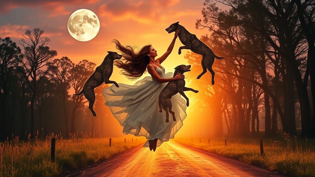 Woman Soars with Dogs in Magical Forest