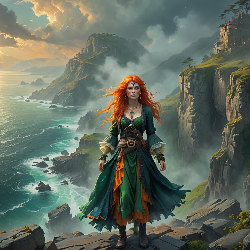 Pirate Princess Overlooking Mystical Ocean as Oil Painting