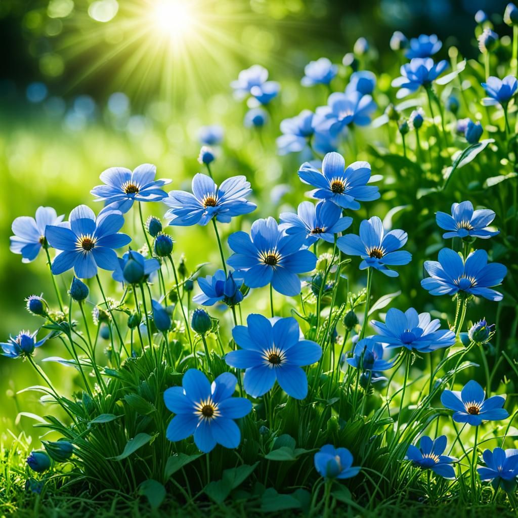 Blue Flowers Blooming in a Sunlit Garden