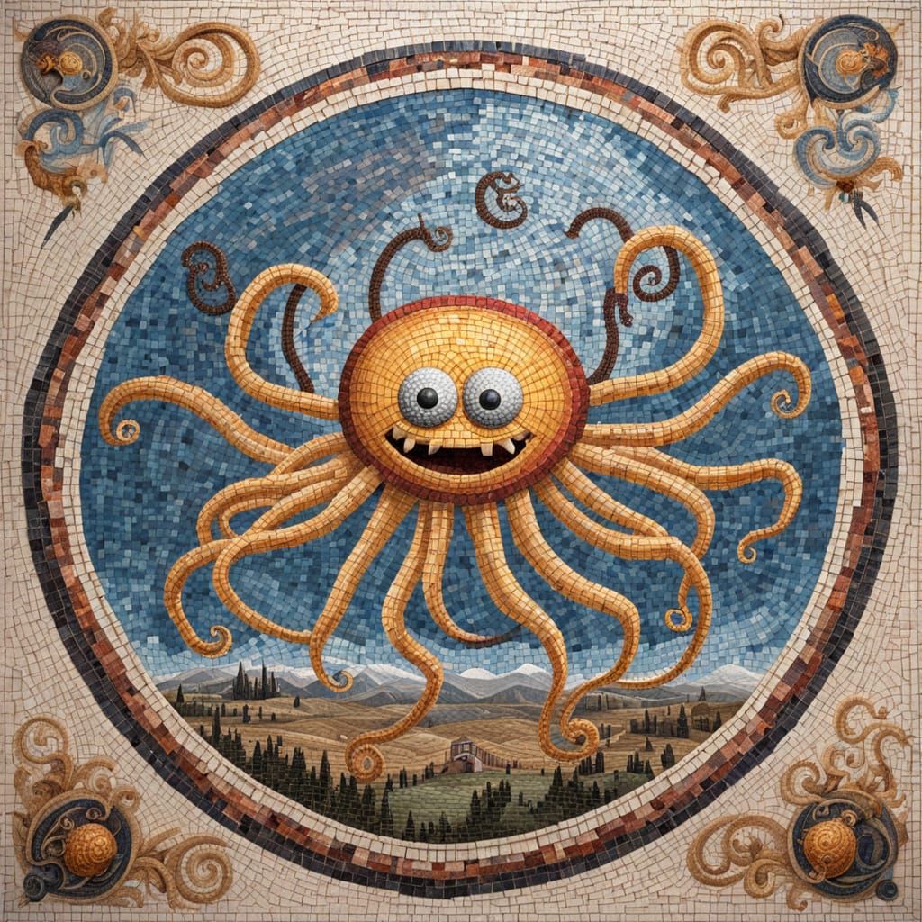 Flying Spaghetti God in Ancient Roman Mosaic Style