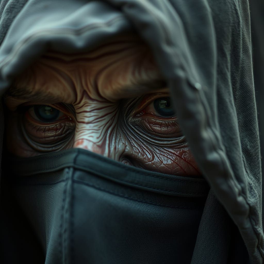 Witch Peeking Behind Mask in Dark Surrealist Style