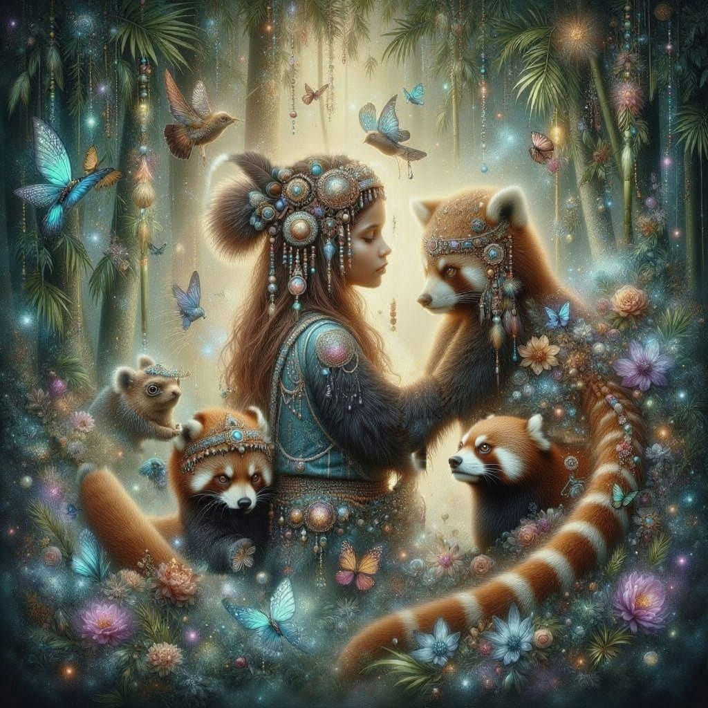 Girl Transforms into Red Panda with Family in Bamboo Forest