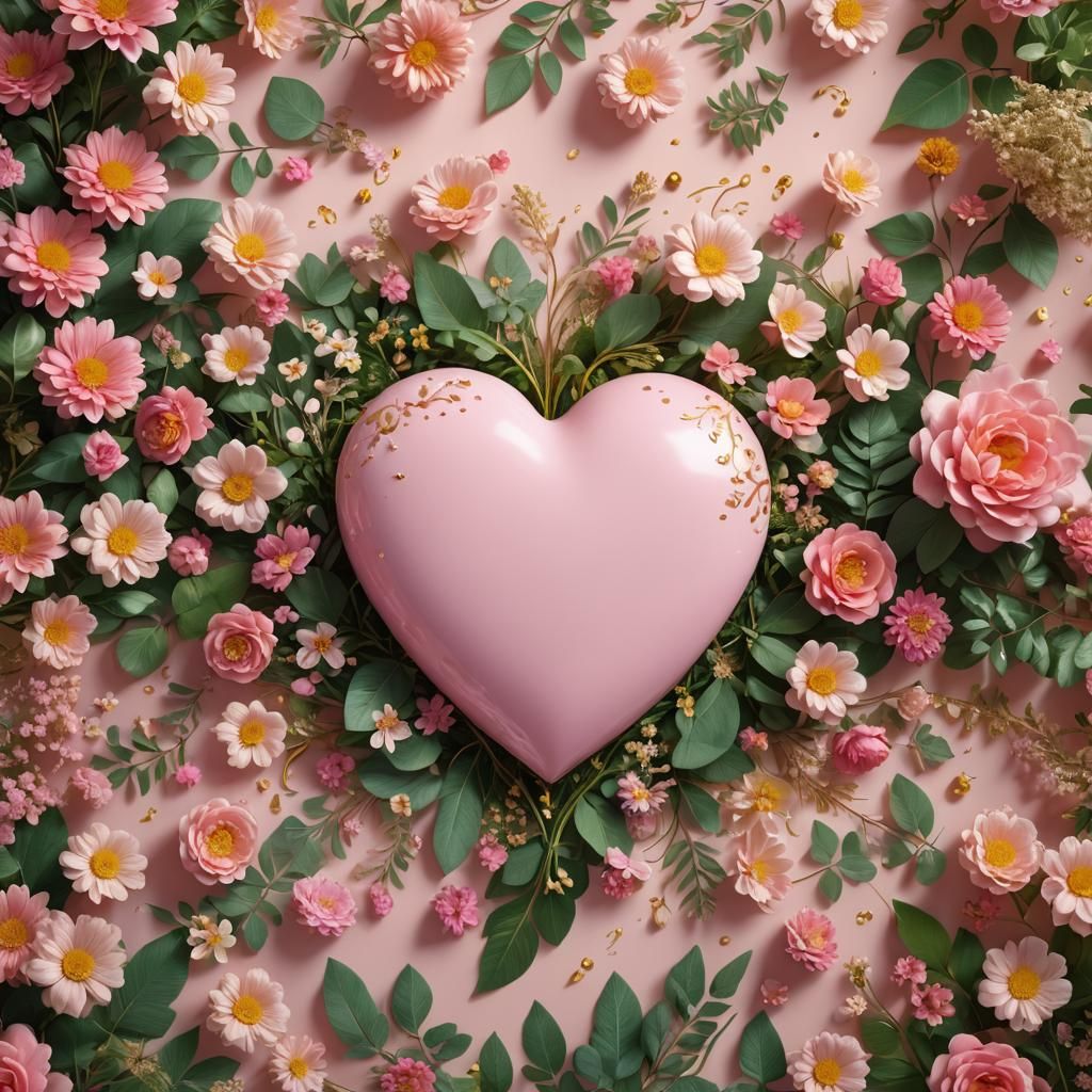 Delicate Pink Heart Surrounded by Flowers, Flat Lay