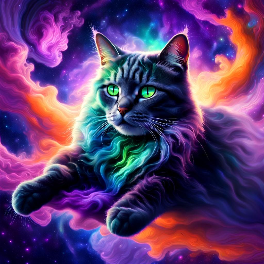Cat Floating in Nebula: Digital Matte Painting