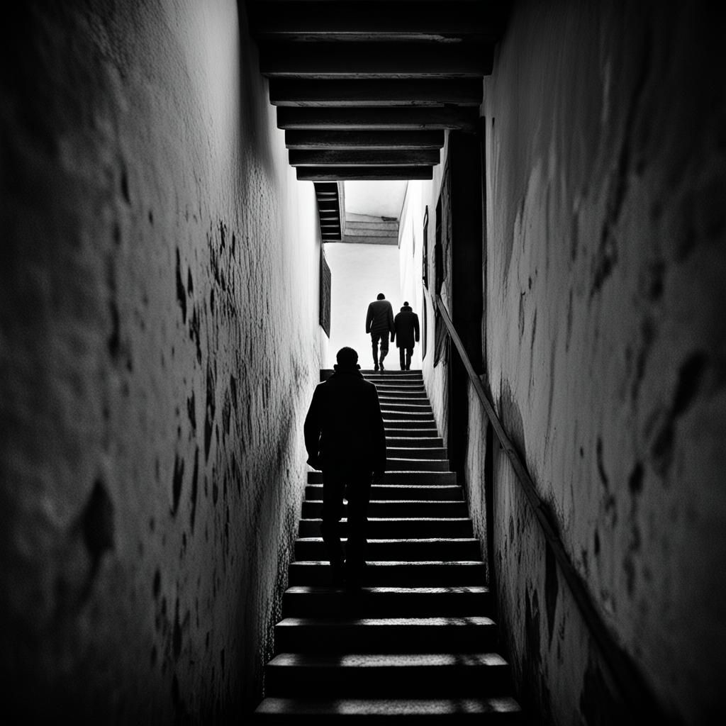 Escher-Inspired Staircase Labyrinth with Silhouettes