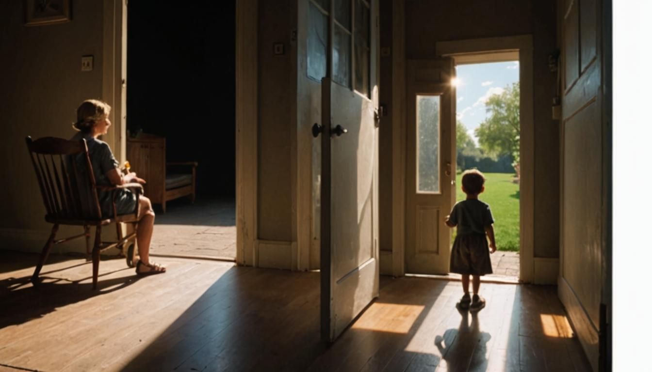 Mother Watches Son Walk Into Sunshine