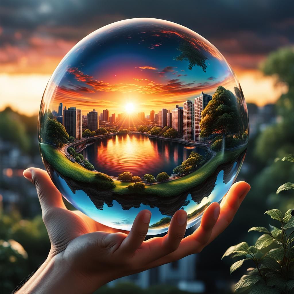 Sunset Sphere: Hyperrealistic Digital Art of Miniature World...