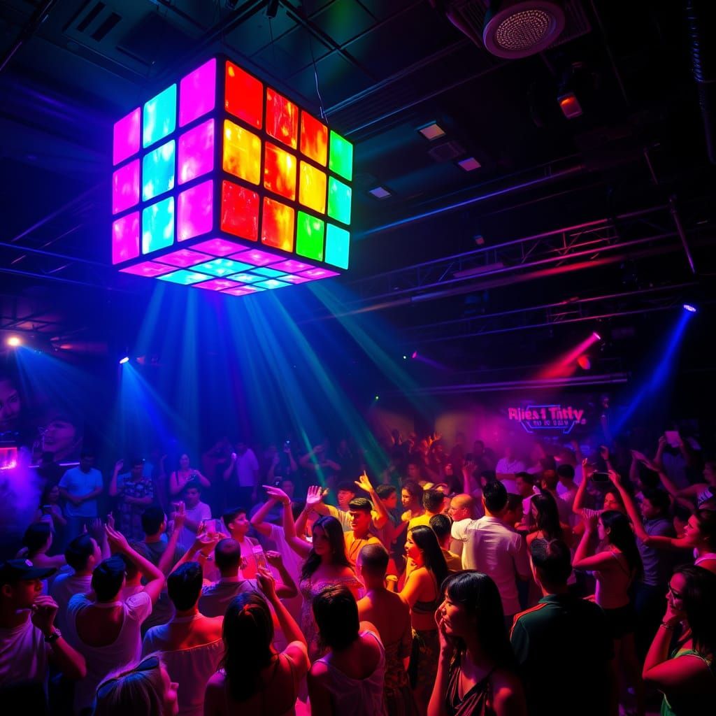 Glowing Disco Cube Illuminates Nightclub Dance Floor