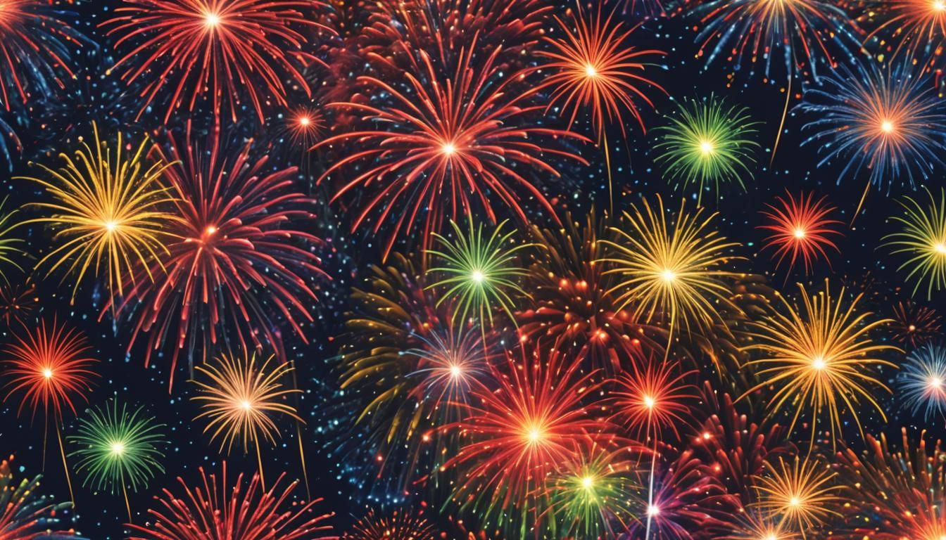 Colorful Fireworks Bursting in a Pointillism Night Sky