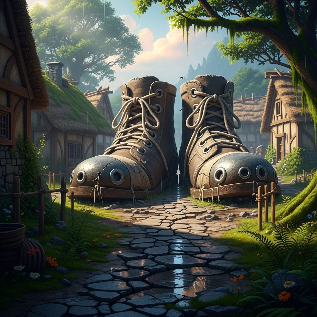 Giant Shoes in Ancient Village: Hyperrealistic Digital Art