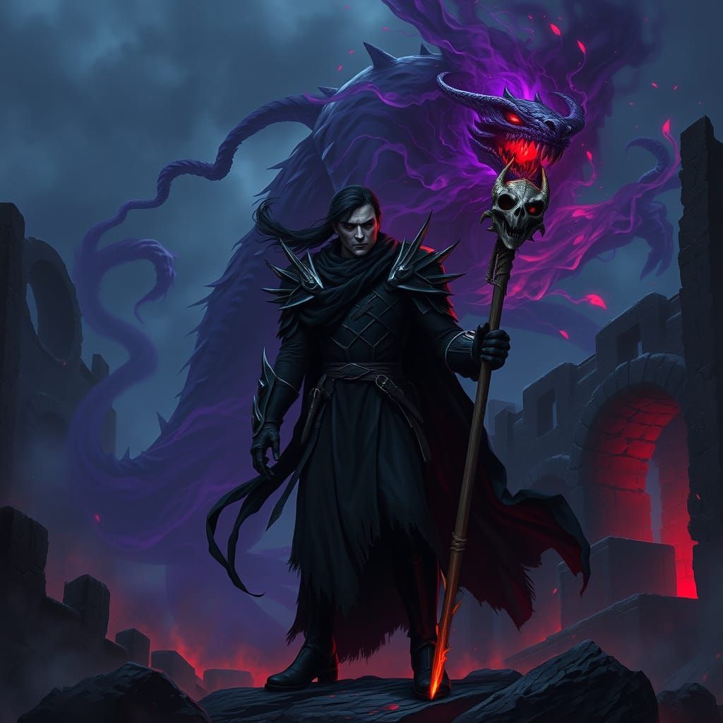 Dark Fantasy Antagonist in Foreboding Ruins
