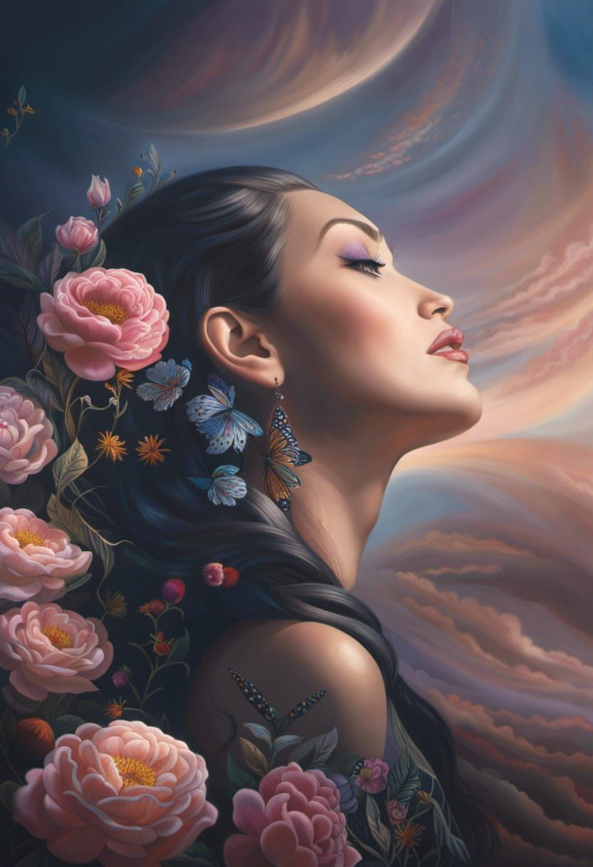 Beautiful Woman with Flower Hair in Surreal CGI Art