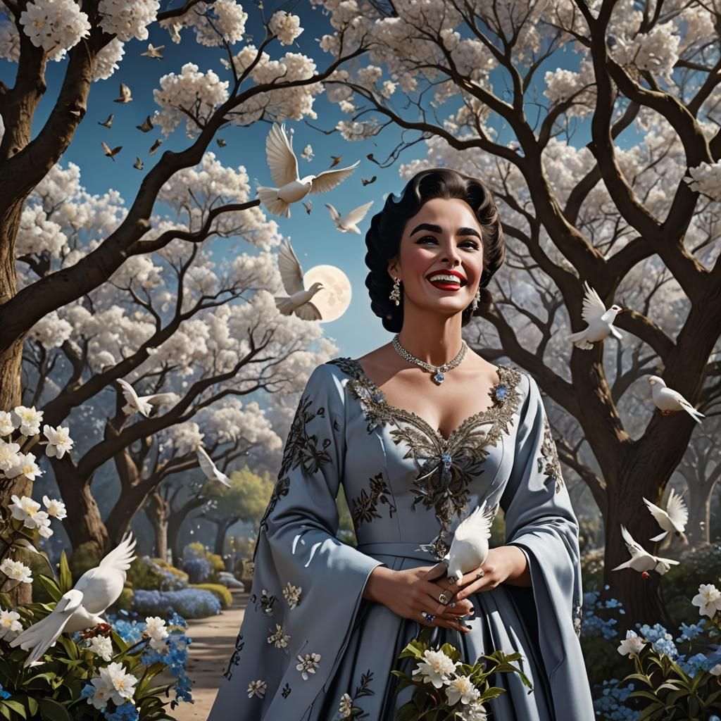 young laughing elizabeth taylor in mystique garden with whit...