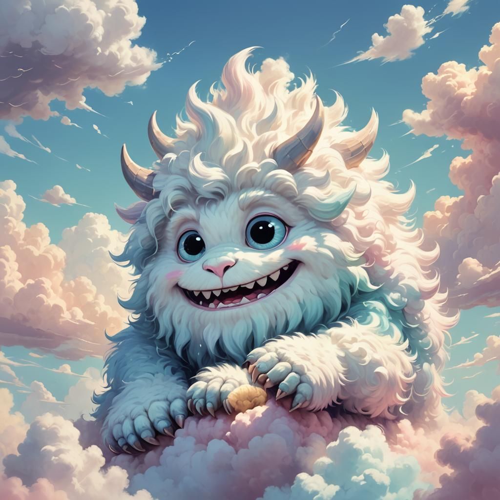 Concept art. Medium shot. A shy monster peeking out from under a cloud. Slightly Dutch angle. Vibrant whimsical digital ...
