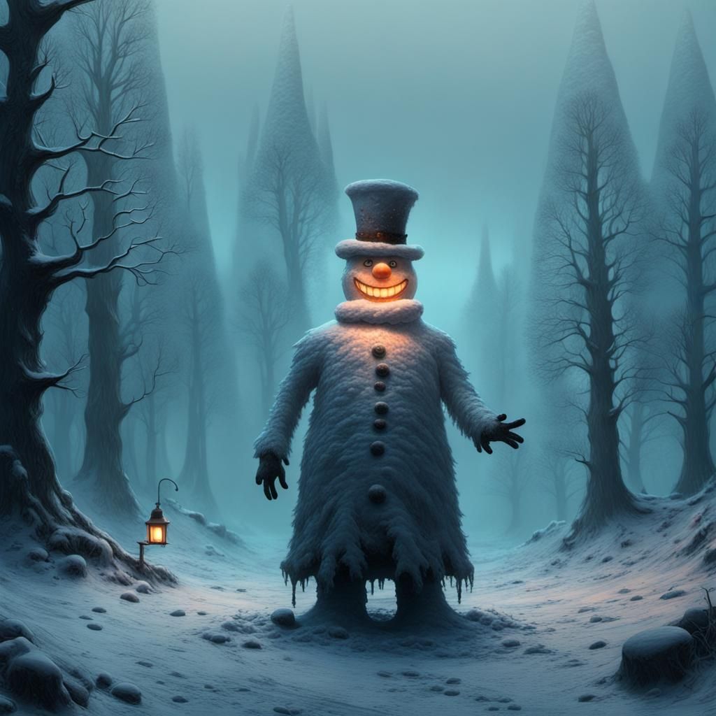 Surreal Frosty Snowman in Deep, Rich Colors