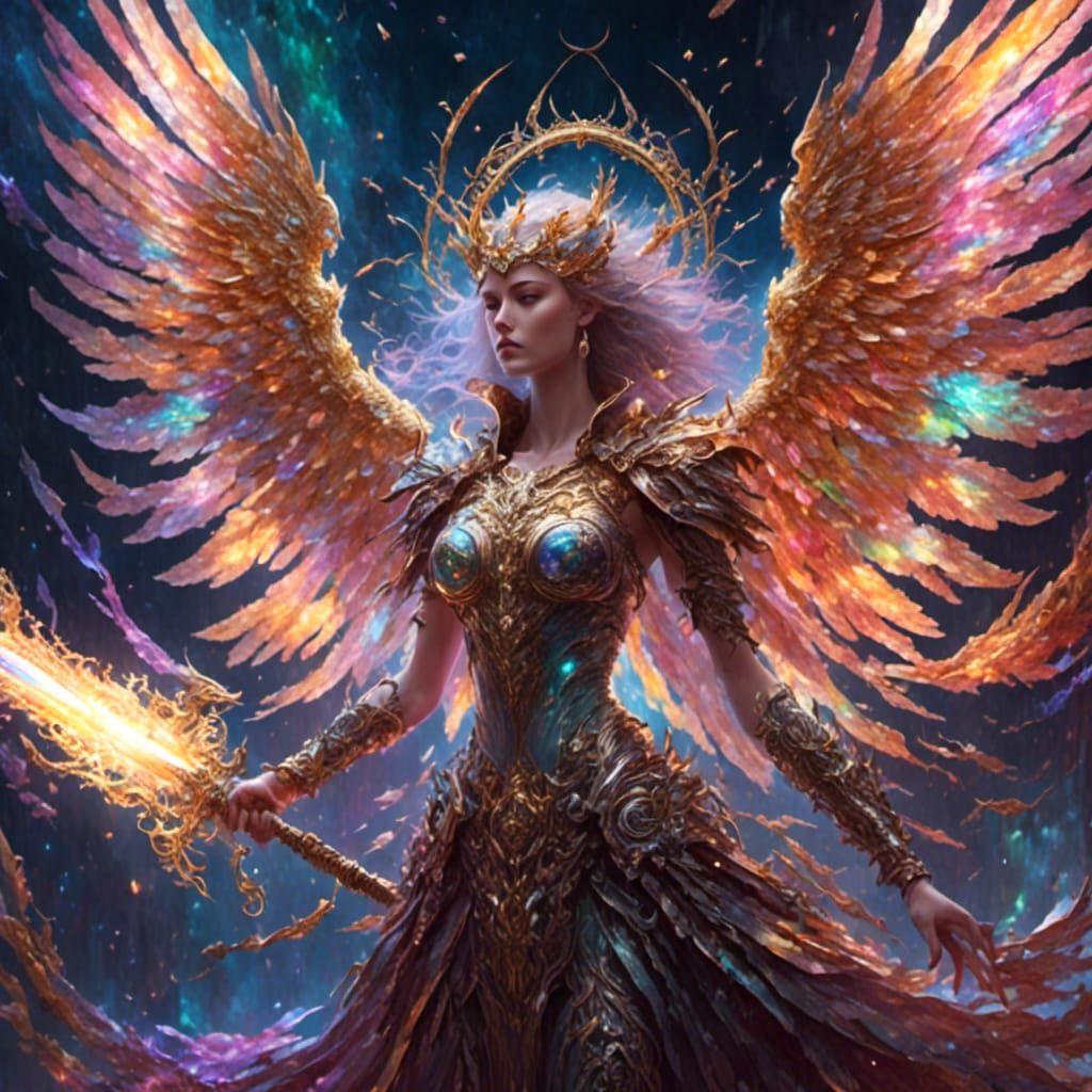 Rainbow Winged Archangel Descending into Darkness