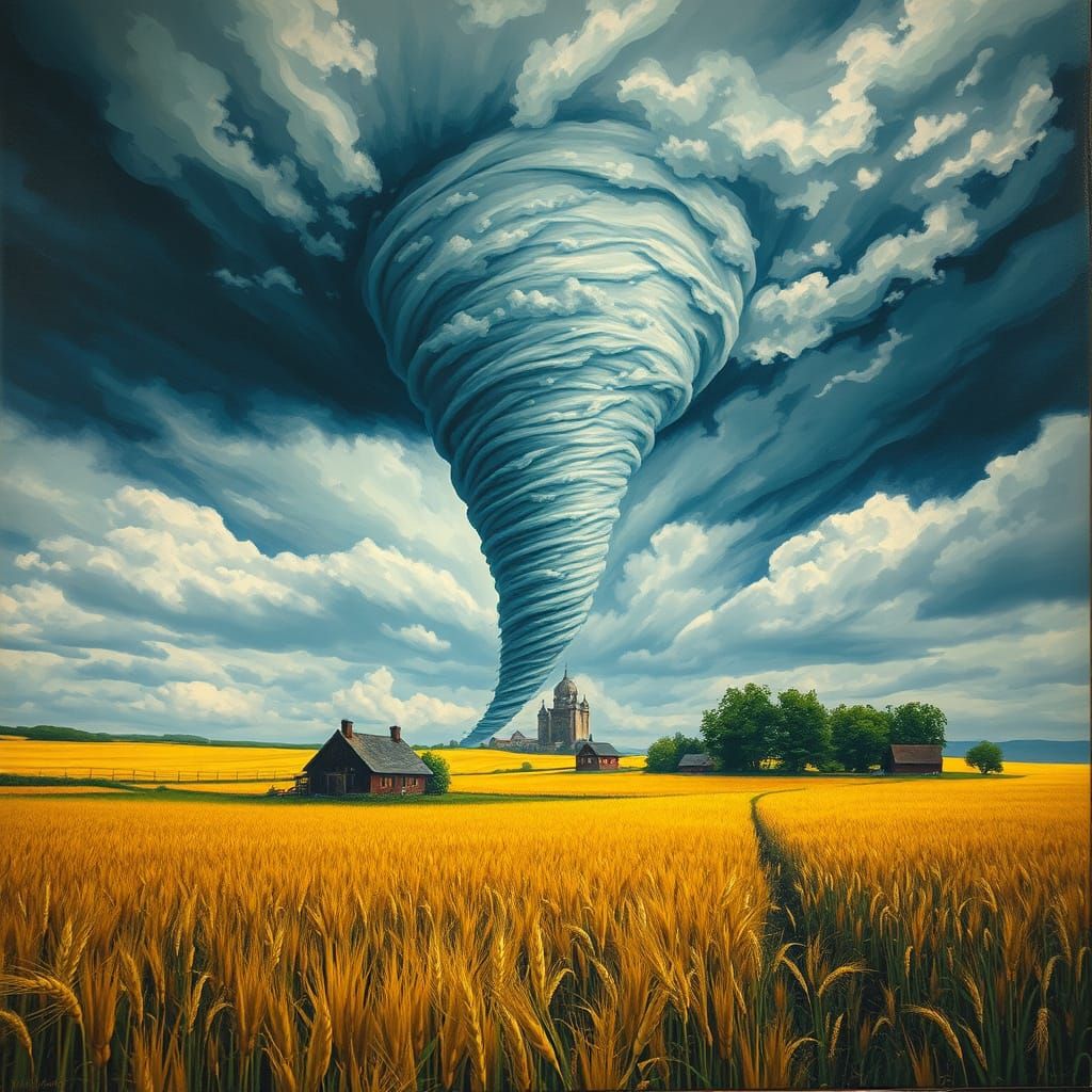 Majestic Tornado Descends on Golden Wheat Field