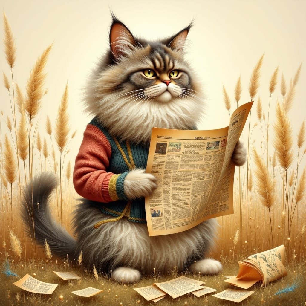 Giant Ragdoll Cat Reads Newspaper, Watercolor Style