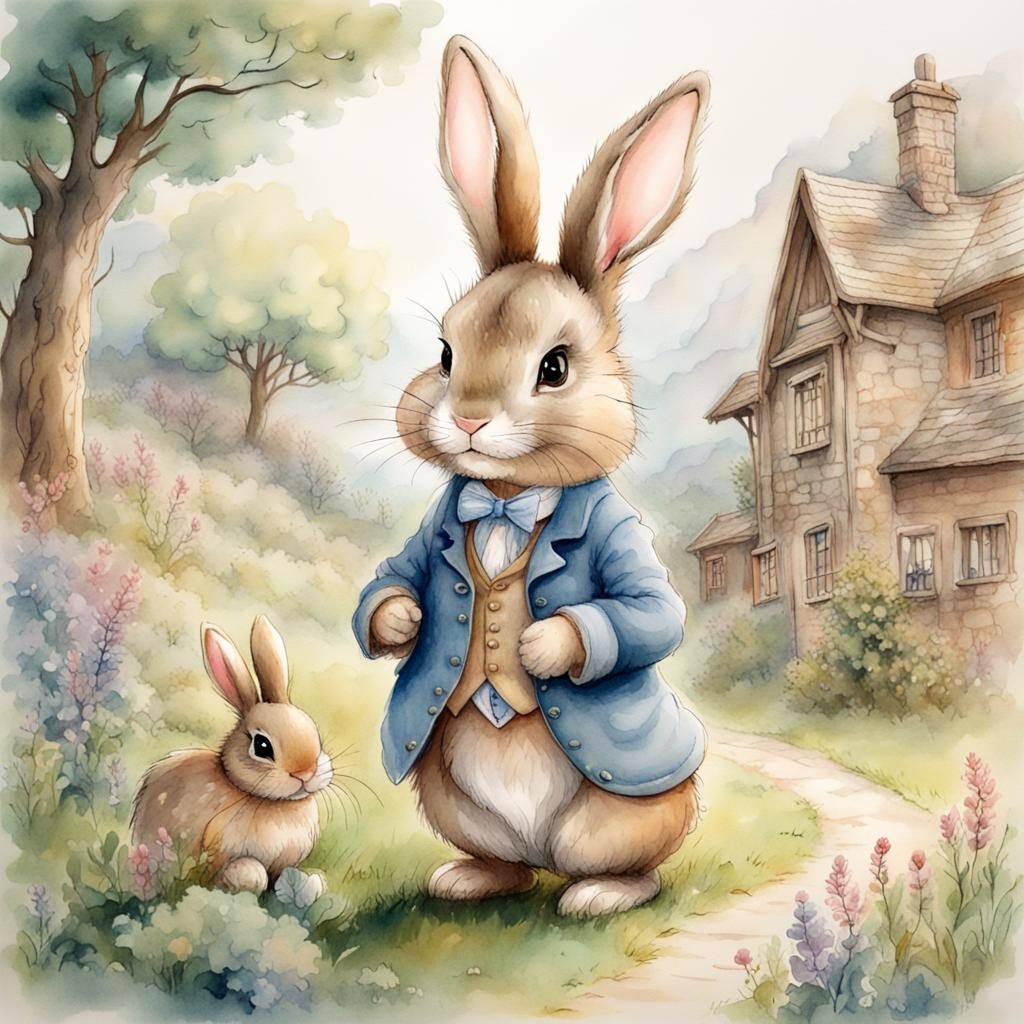 Watercolor Bunnies in Rural School, Pastel Colors