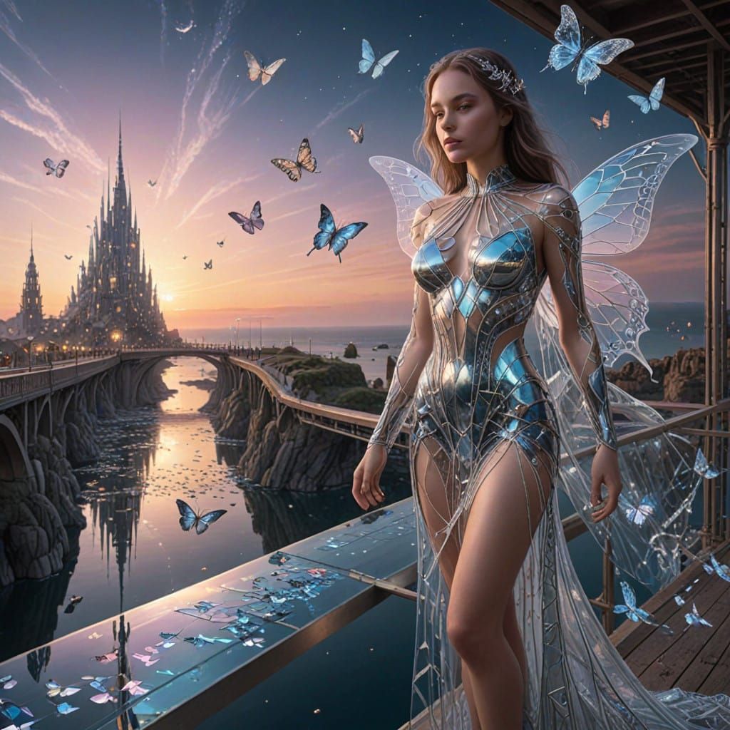 Ethereal Glass City Rises from Mercury Ocean with Crystal To...