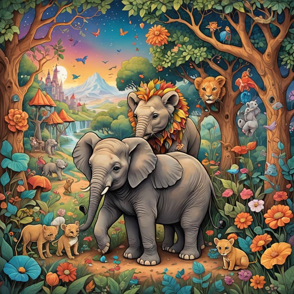 Whimsical Fairytale: Elephant and Lion Cub Illustration
