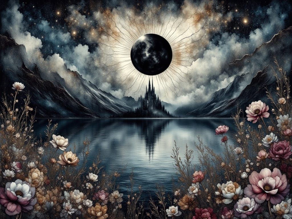 Watercolor Cracked Landscape of Black Sea with Flowers and M...