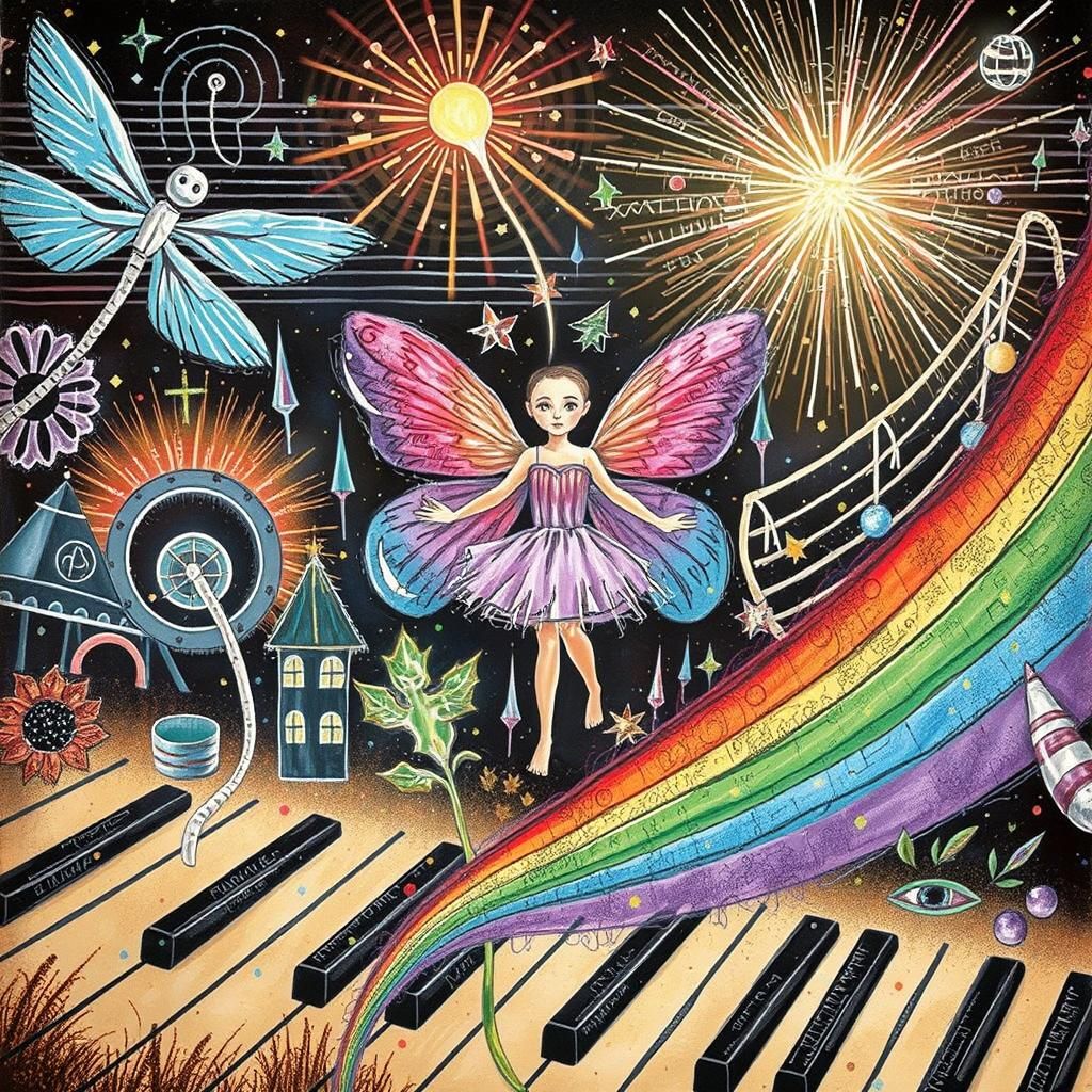 Cosmic Metropolis in Crayon Style Under Starry Night