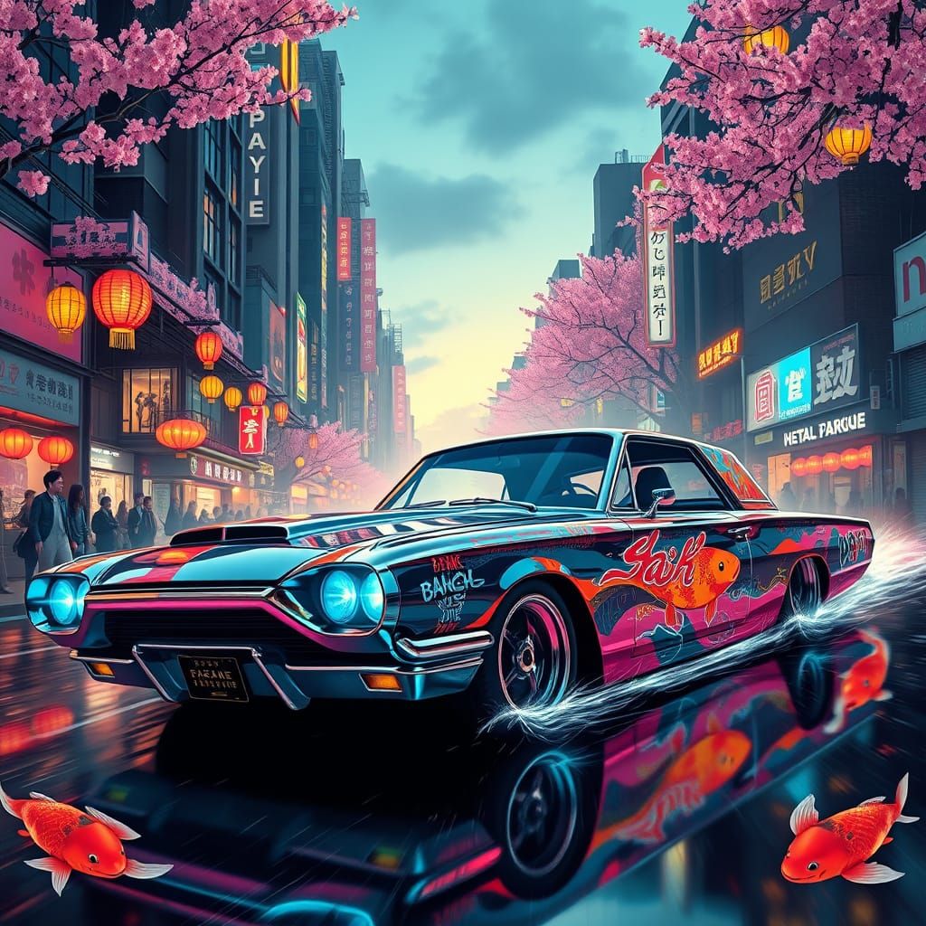 A heavily modified, chrome-plated 1967 Ford Thunderbird navigates a neon-lit cyberpunk cityscape, its engine purring wit...