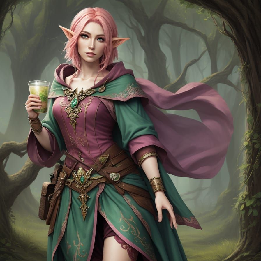 Elven Druid with Pink Hair Portrait