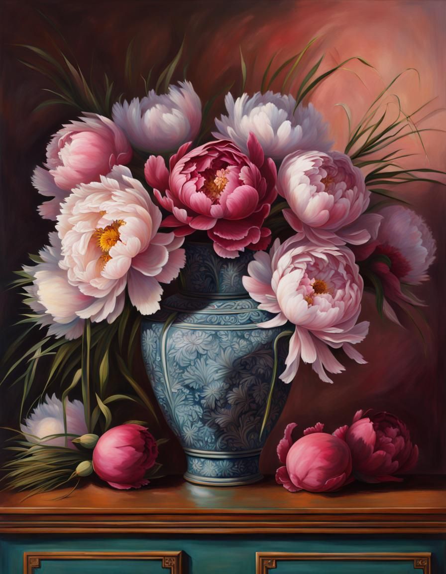 Hyperrealistic Peonies in Antique Vase Splash Art