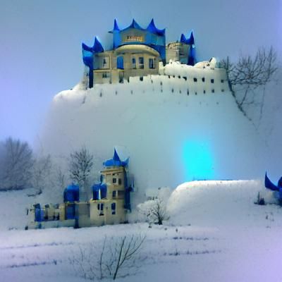 Blue Castle in Snow: A Winter Landscape